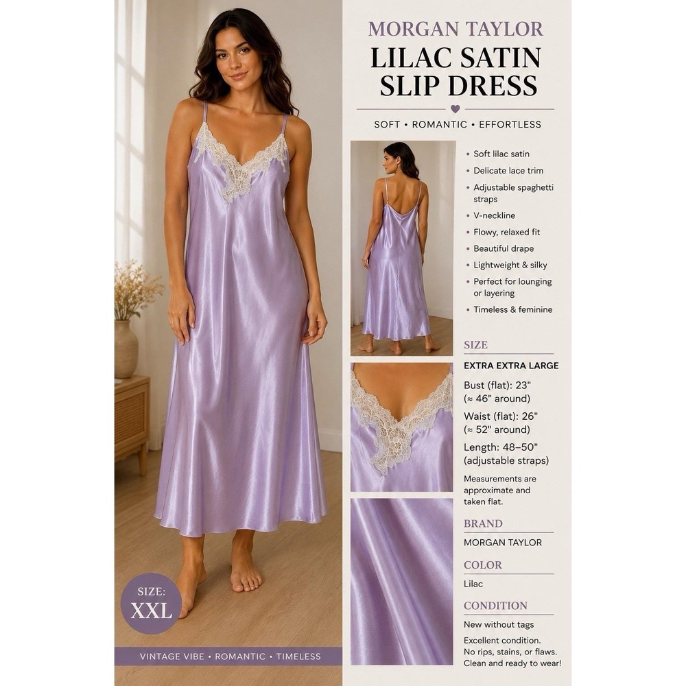 Morgan Taylor 90s Plus Size Lavender Satin White Lace Slip Dress Sz XXL Lingerie